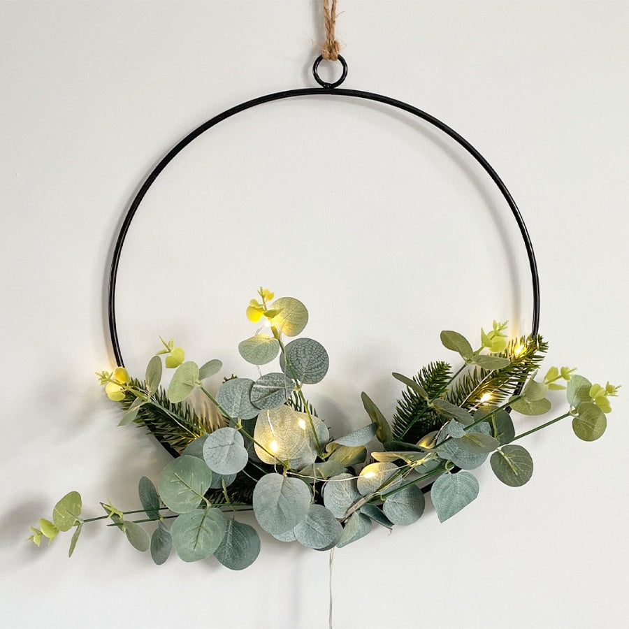 LED Hoop Wreath with leaves and lights - 50cm