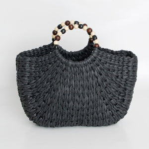Hand Woven Bag with Beaded Handle - Black