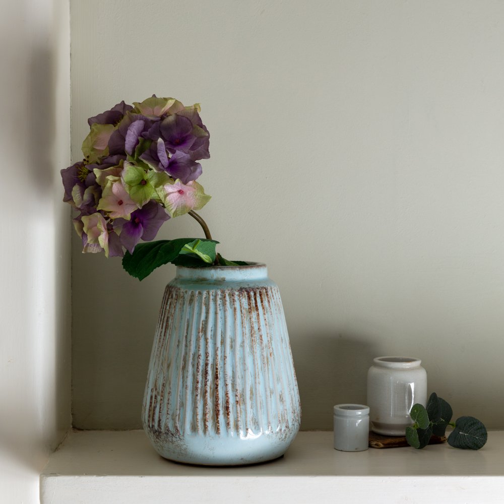 Sky Blue Ribbed Vase by Grand Illusions