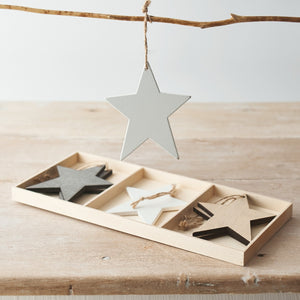 Set of 6 Wooden Star Hanging Decorations - white/grey/natural