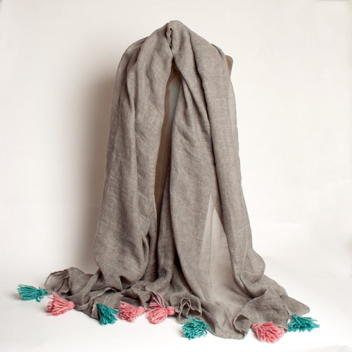 Fine Woven Grey Scarf or Wrap with Tassels