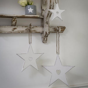 White Wooden Star with Heart detail - set of 3