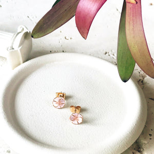 Gold Camelia Pink Enamel Stud Earrings